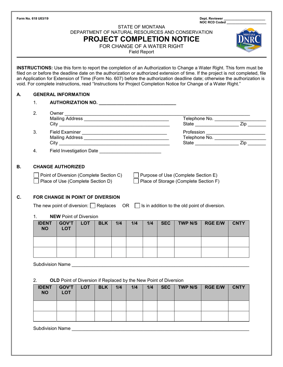 Form 618 Project Completion Notice for Change of a Water Right - Montana, Page 1