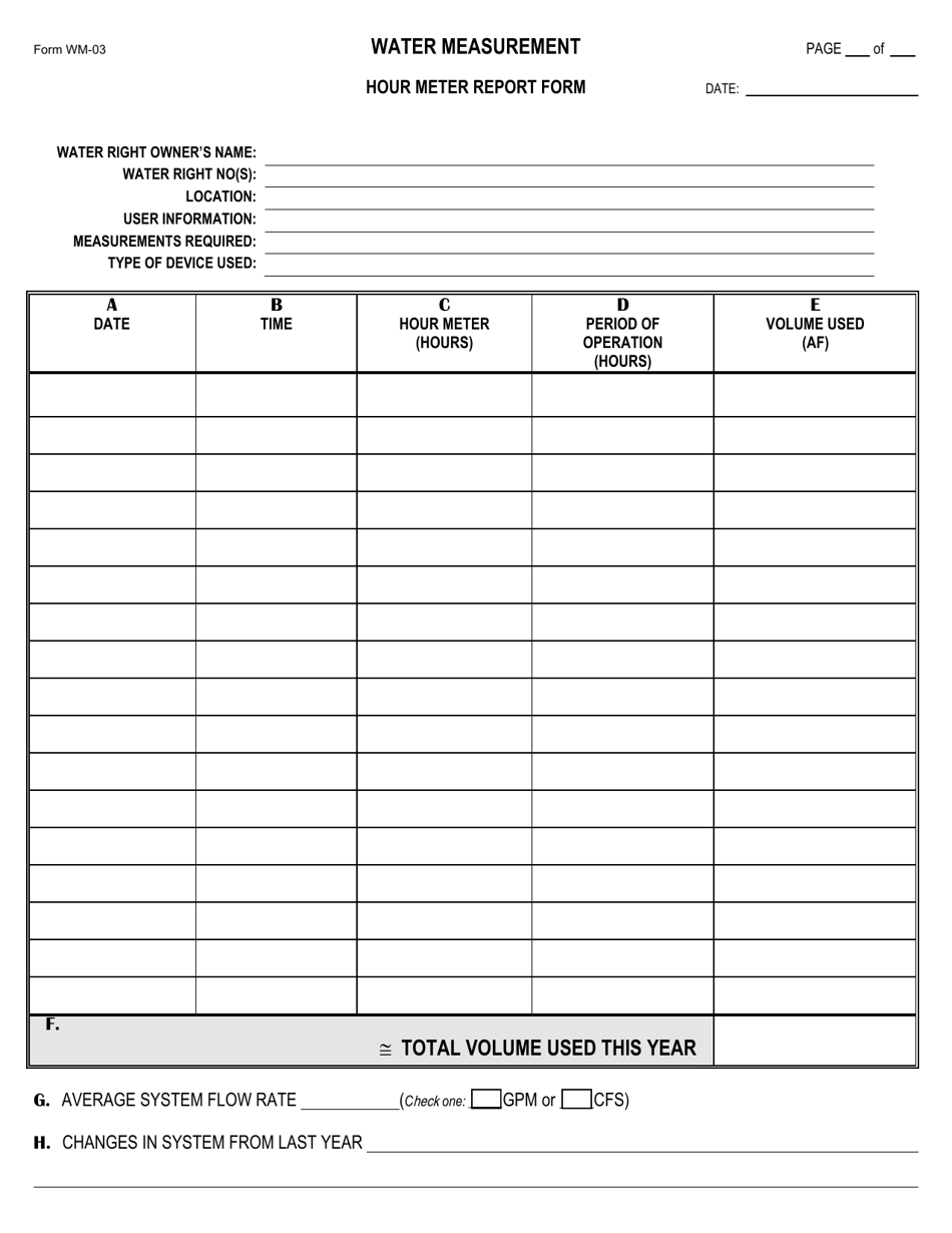 Form WM-03 Hour Meter Report Form - Montana, Page 1