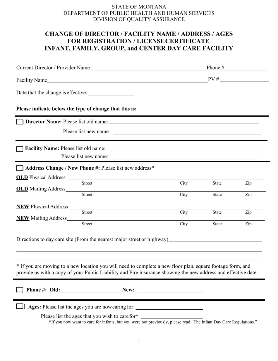 Change of Director / Facility Name / Address / Ages for Registration / License Certificate Infant, Family, Group, and Center Day Care Facility - Montana, Page 1