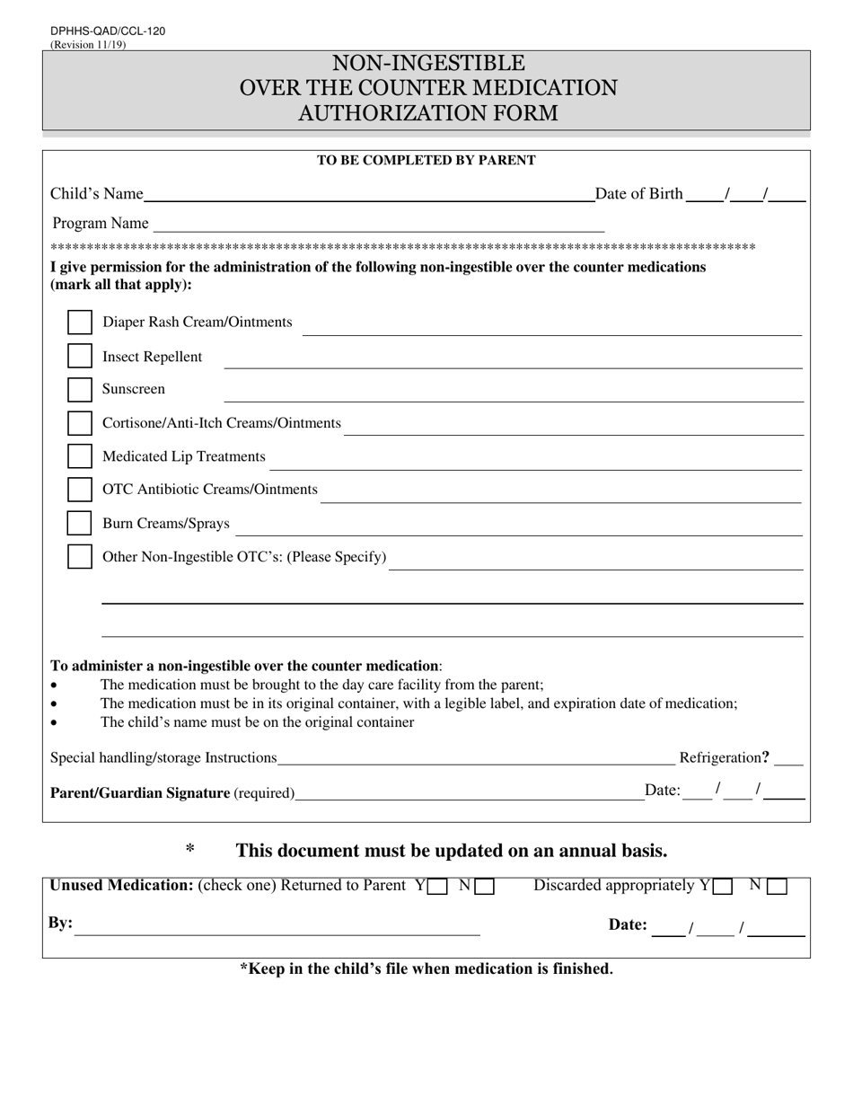 Form DPHHS-QAD / CCL-120 Non-ingestible Over the Counter Medication Authorization Form - Montana, Page 1