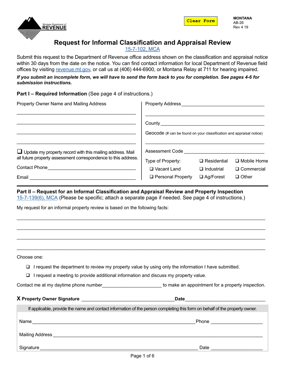 Form AB-26 Request for Informal Classification and Appraisal Review - Montana, Page 1