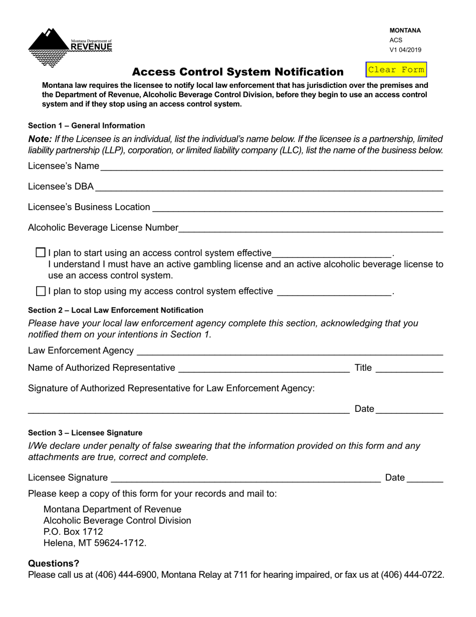Form ACS Access Control System Notification - Montana, Page 1