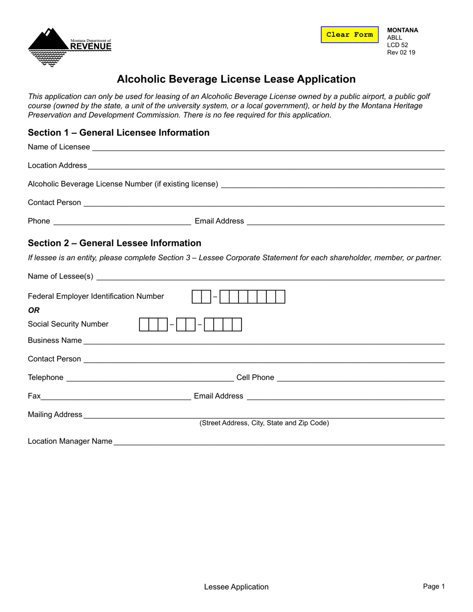 Form ABLL Alcoholic Beverage License Lease Application - Montana, Page 1