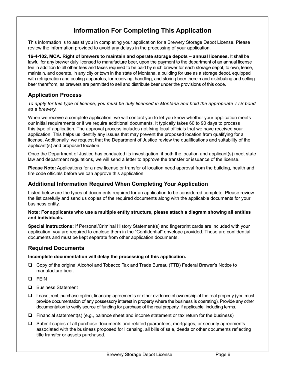 Form BS-DEPOT Brewery Storage Depot License Application - Montana, Page 2