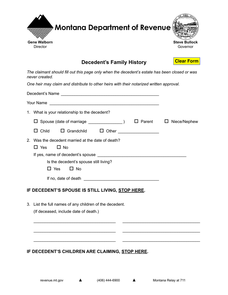Decedents Family History - Montana, Page 1