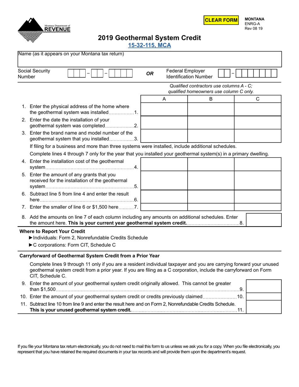 Form ENRG-A Geothermal System Credit - Montana, Page 1