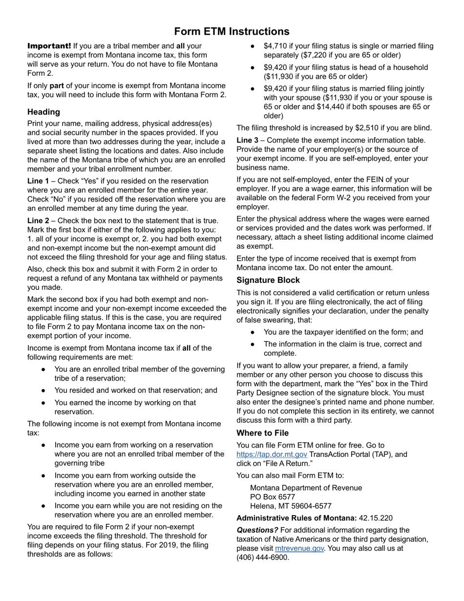 Form ETM Enrolled Tribal Member Exempt Income Certification / Return - Montana, Page 2