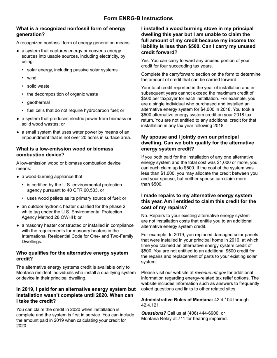 Form ENRG-B Alternative Energy System Credit - Montana, Page 3