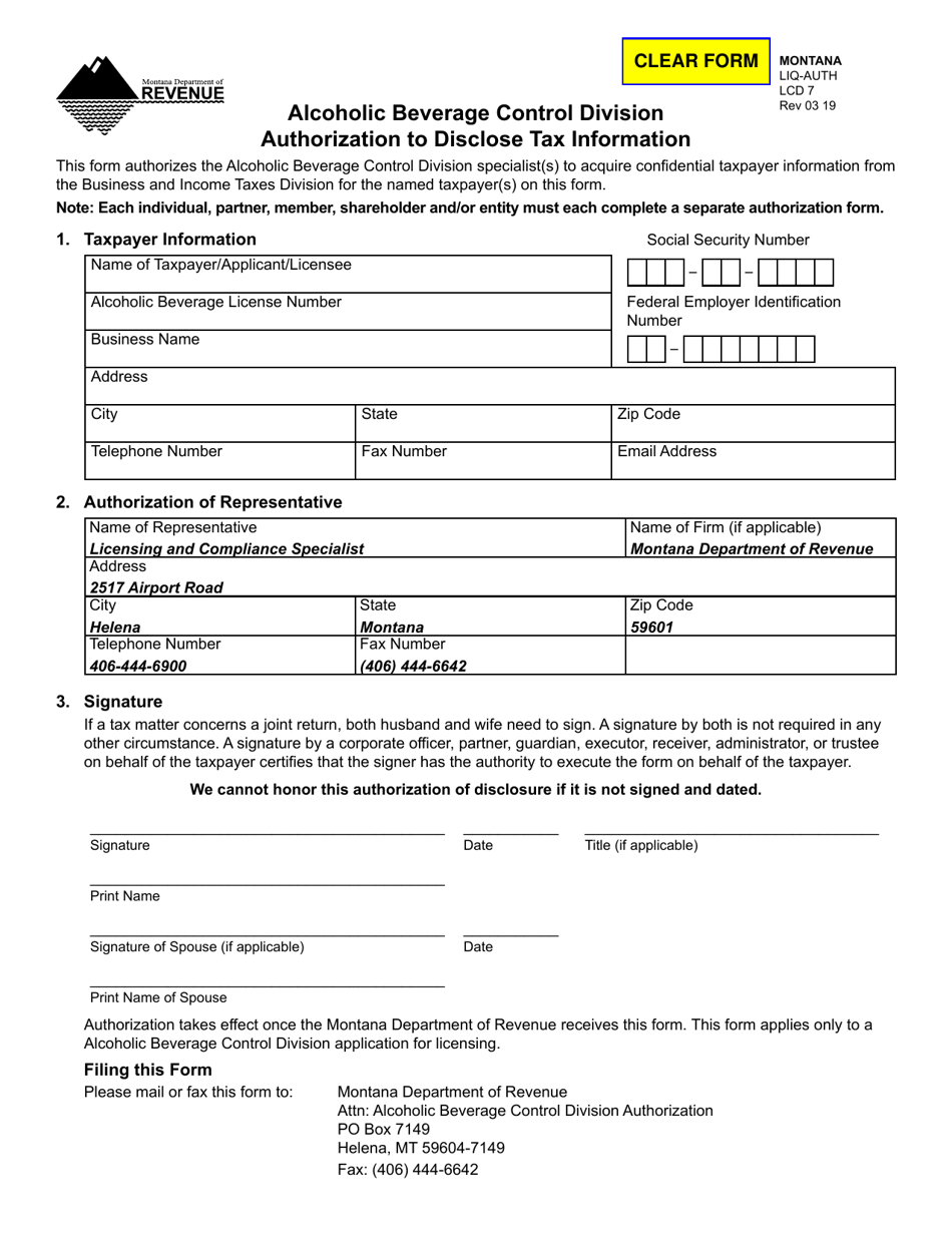 Form LIQ-AUTH Alcoholic Beverage Control Division Authorization to Disclose Tax Information - Montana, Page 1