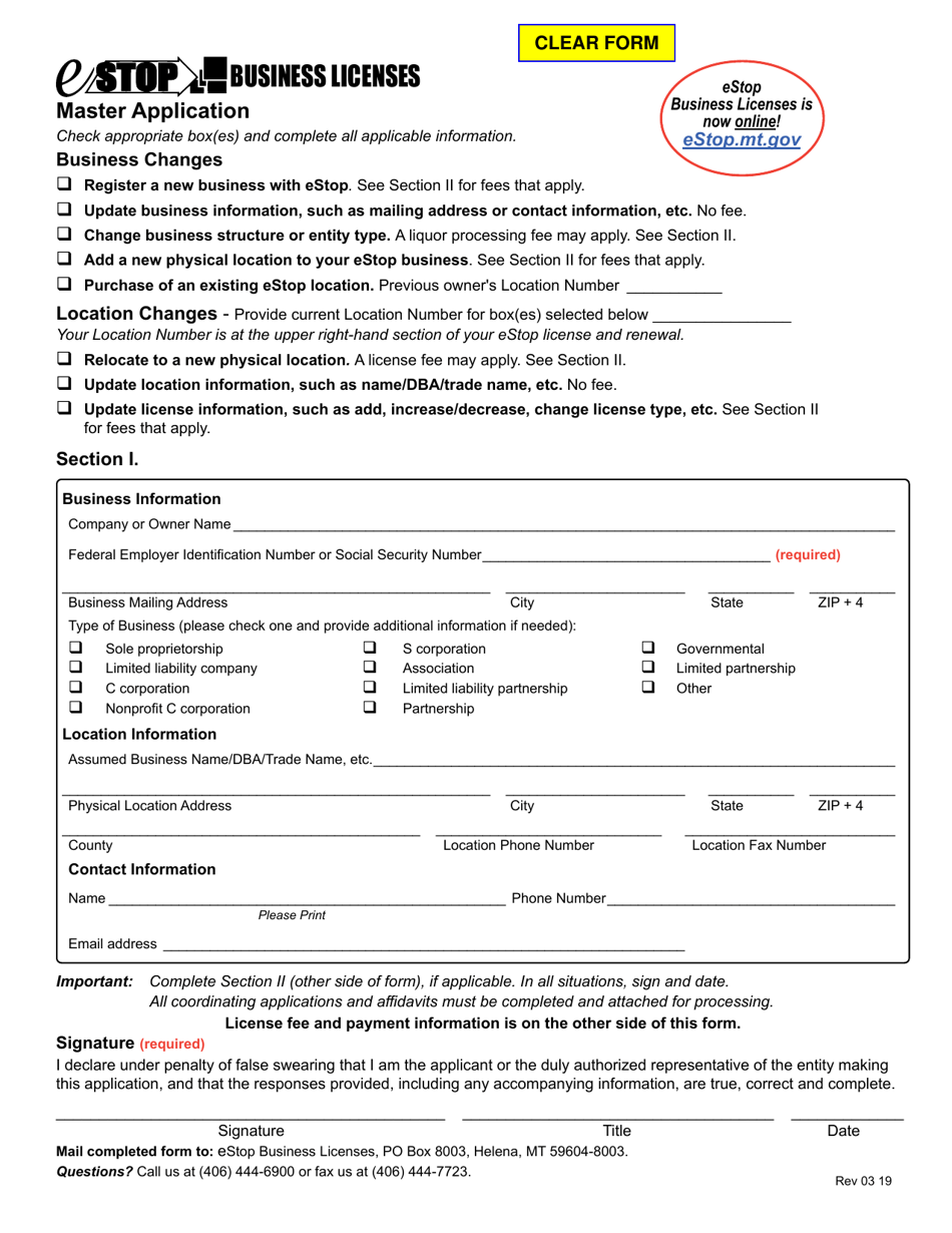Form MA Estop Business Licenses Master Application and Online Service - Montana, Page 1