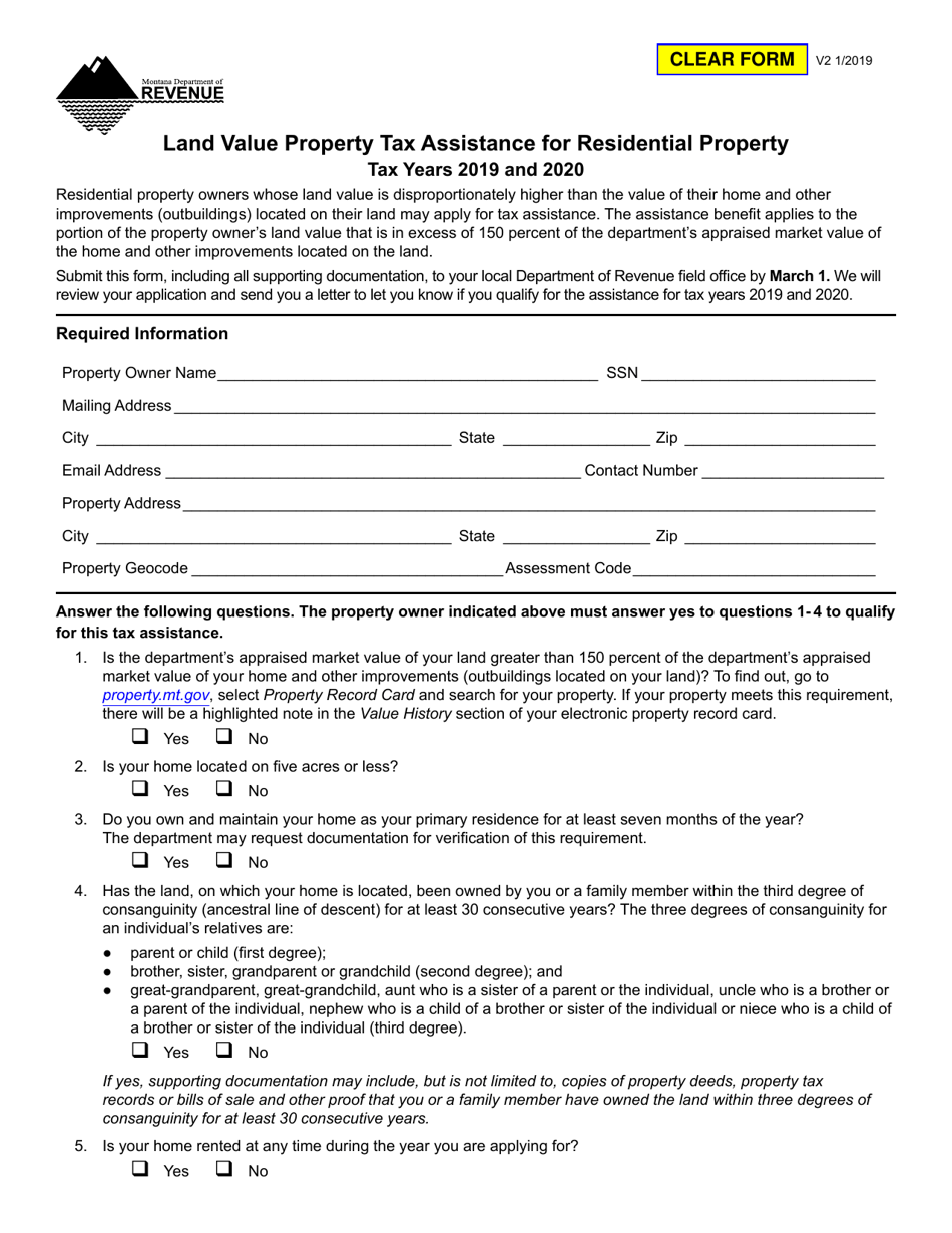 Form LVPTARP Land Value Property Tax Assistance for Residential Property - Montana, Page 1