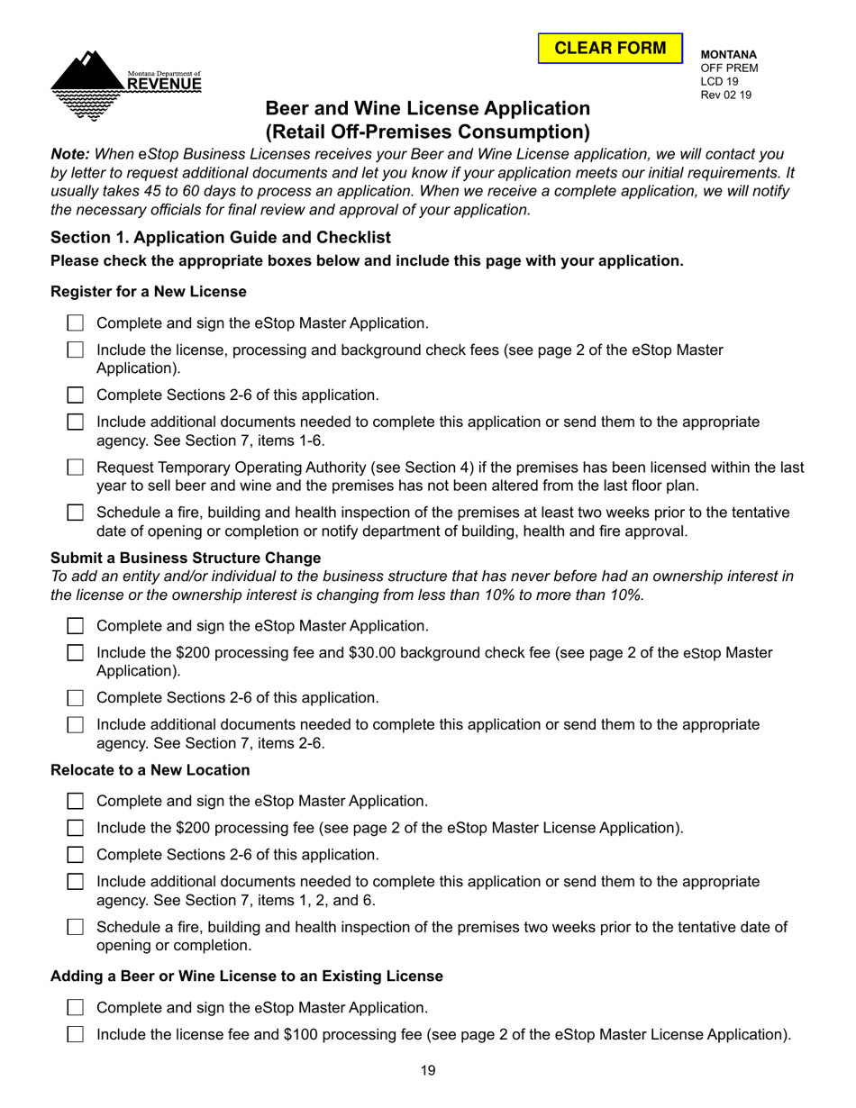 Montana Beer and Wine License Application (Retail offPremises