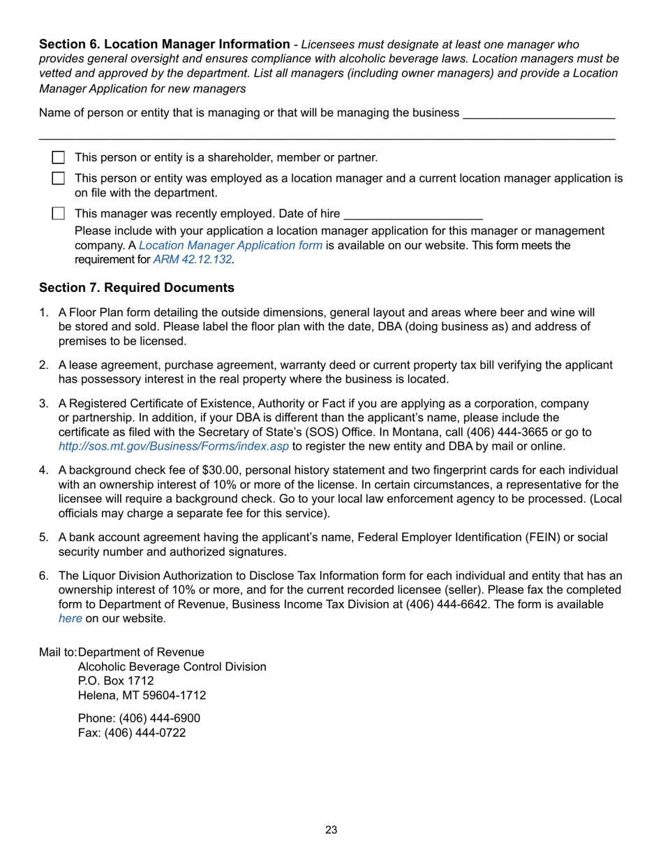 Montana Beer and Wine License Application (Retail offPremises