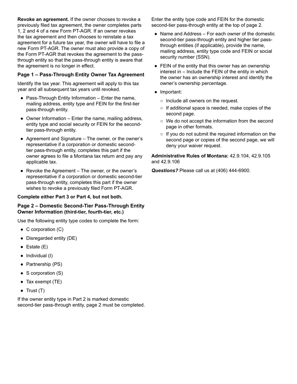 Form PT-AGR Pass-Through Entity Owner Tax Agreement - Montana, Page 4