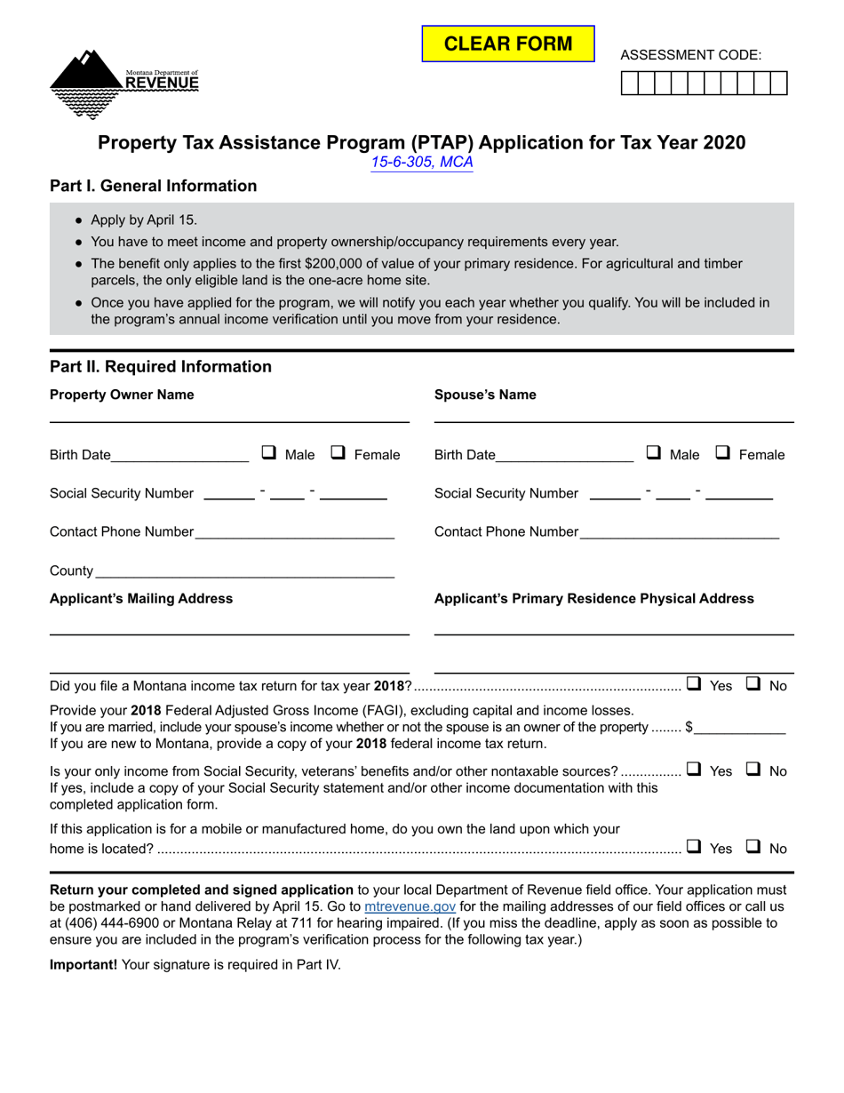 Form PTAP Property Tax Assistance Program (Ptap) Application - Montana, Page 1
