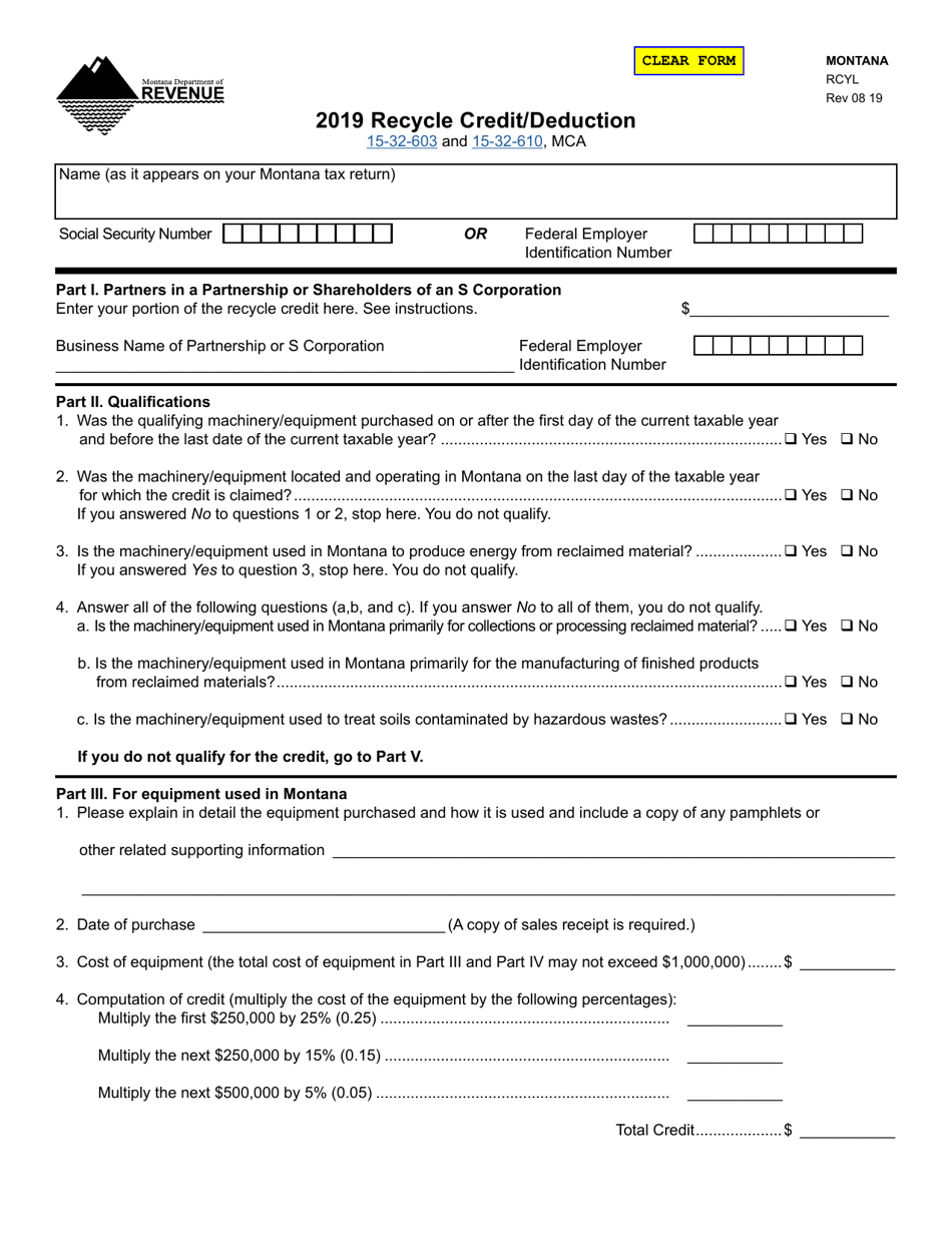 Form RCYL Recycle Credit / Deduction - Montana, Page 1