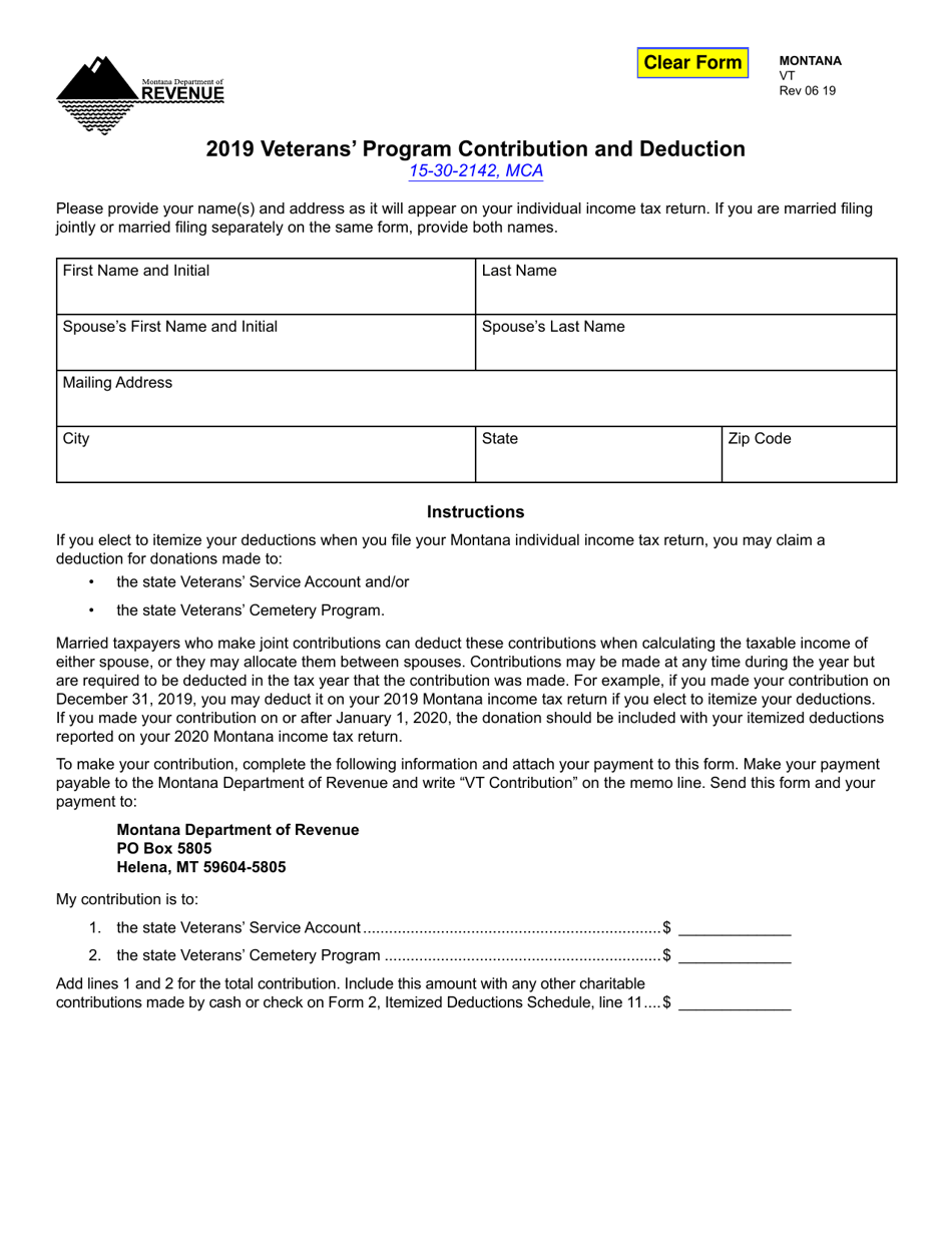 Form VT Veterans Program Contribution and Deduction - Montana, Page 1