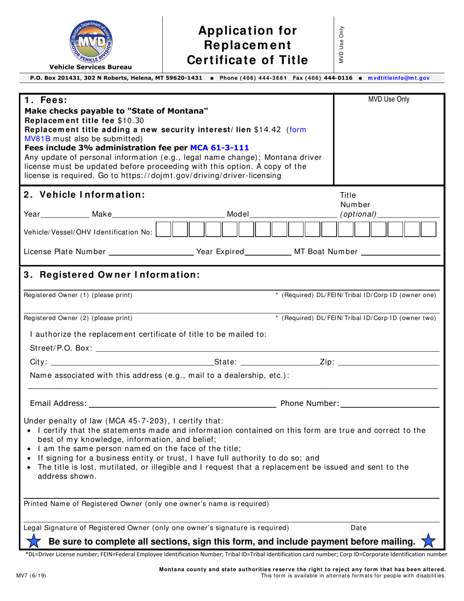 Form MV7 Application for Replacement Certificate of Title - Montana, Page 1