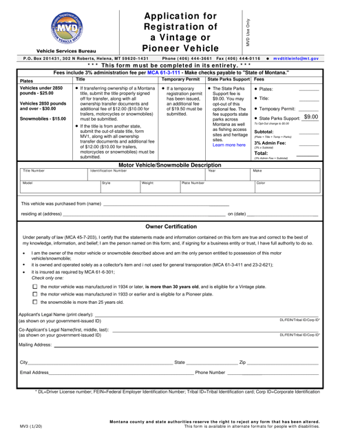 Form MV3 Application for Registration of a Vintage or Pioneer Vehicle - Montana