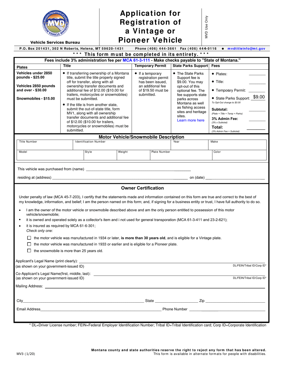 Form MV3 Download Fillable PDF or Fill Online Application for