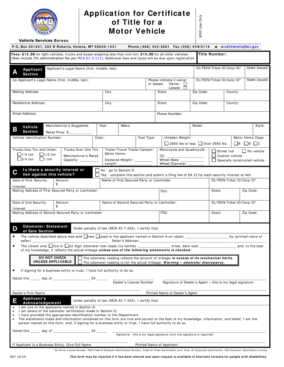 Form MV1 Application for Certificate of Title for a Motor Vehicle - Montana, Page 1