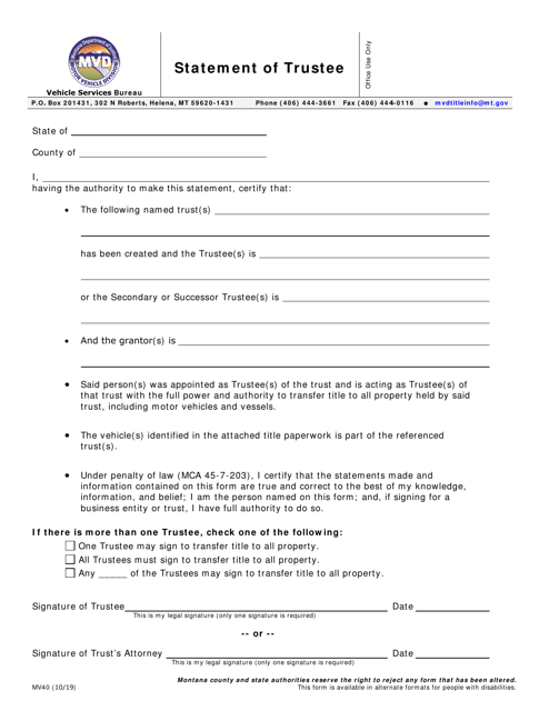 Form MV40 Statement of Trustee - Montana