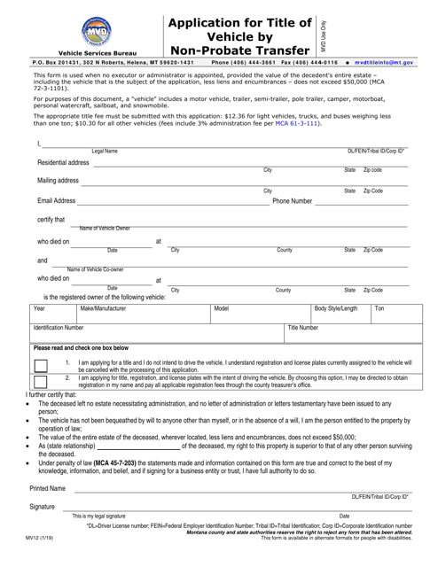 Form MV12 Application for Title of Vehicle by Non-probate Transfer - Montana