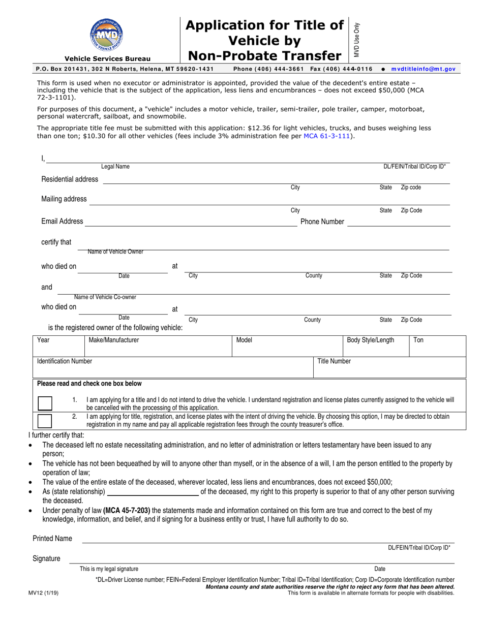 Form MV12 Application for Title of Vehicle by Non-probate Transfer - Montana, Page 1