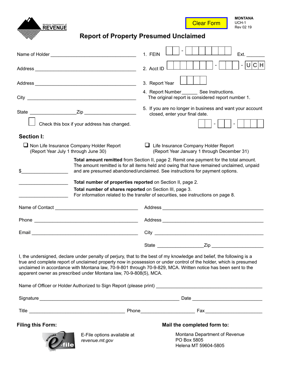 Form UCH-1 Report of Property Presumed Unclaimed - Montana, Page 1