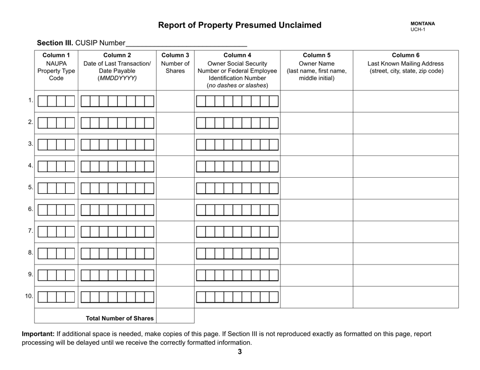 Form UCH-1 Report of Property Presumed Unclaimed - Montana, Page 3