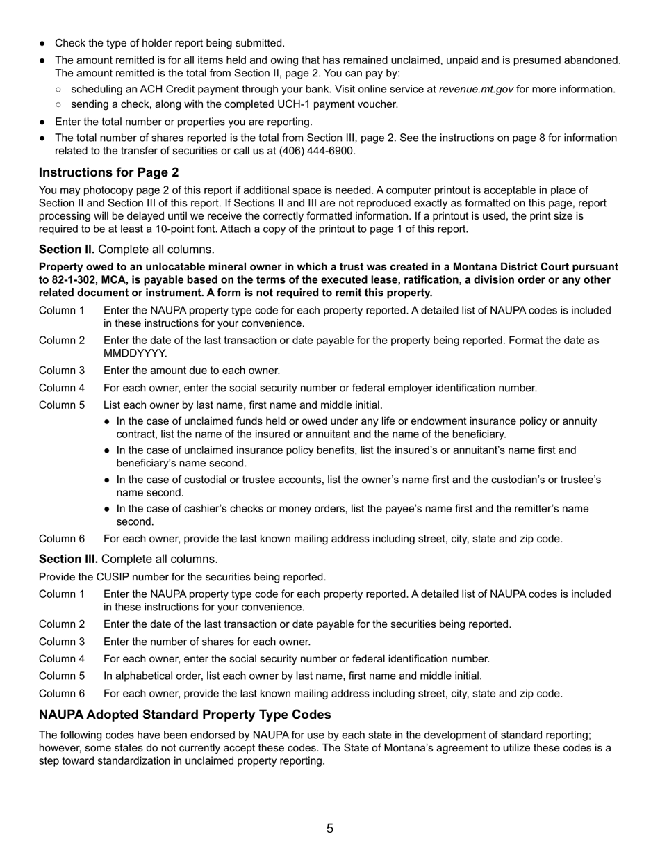 Form UCH-1 Report of Property Presumed Unclaimed - Montana, Page 5
