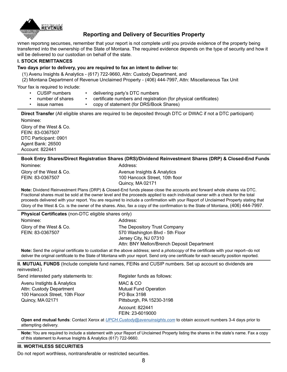 Form UCH-1 Report of Property Presumed Unclaimed - Montana, Page 8