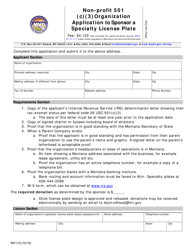 Document preview: Form MV115 Non-profit 501 (C)(3) Organization Application to Sponsor a Specialty License Plate - Montana