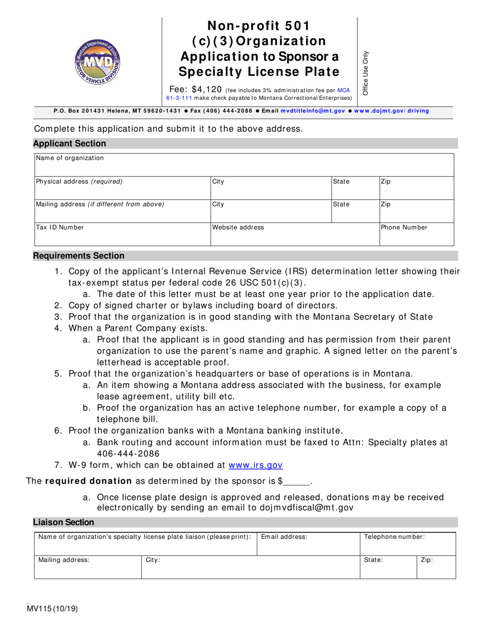 Form MV115 Non-profit 501 (C)(3) Organization Application to Sponsor a Specialty License Plate - Montana, Page 1