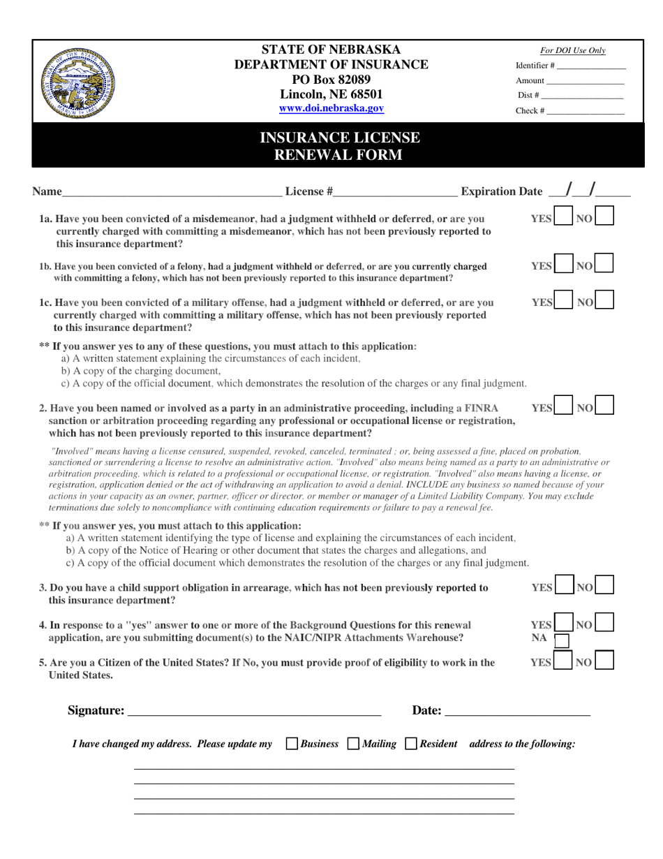 Insurance License Renewal Form - Nebraska, Page 1