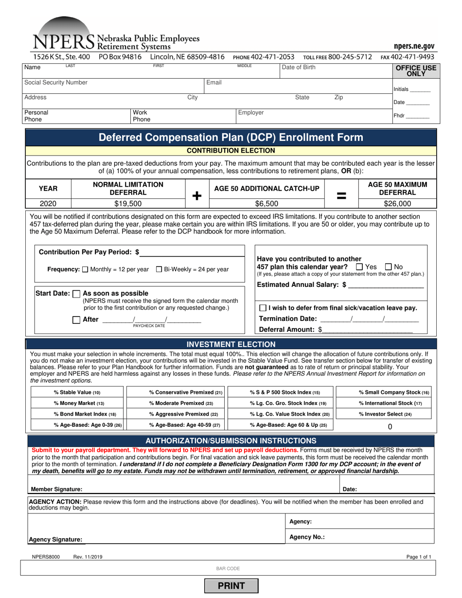 Form NPERS8000 Deferred Compensation Plan (Dcp) Enrollment Form - Nebraska, Page 1