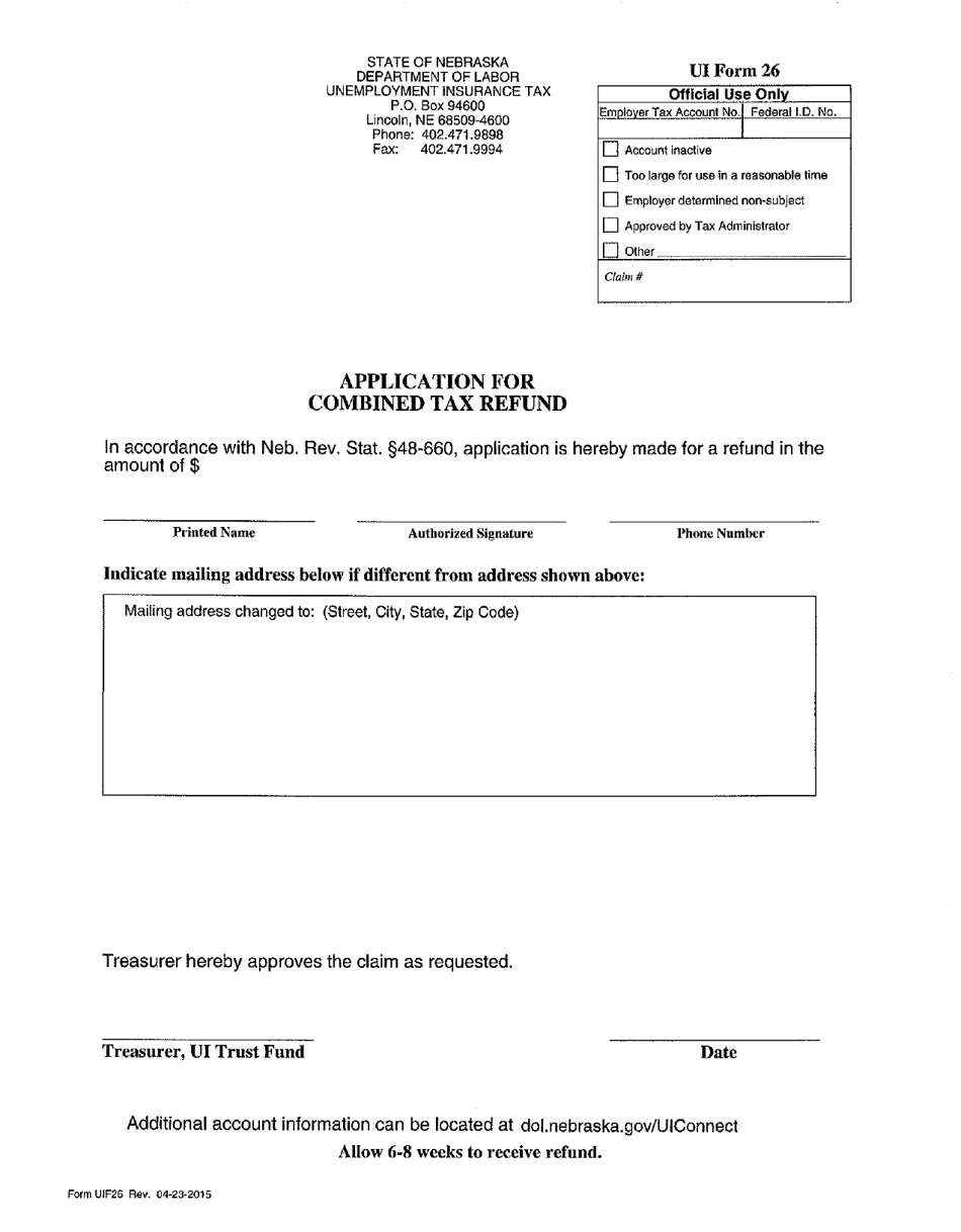 UI Form 26 Application for Combined Tax Refund - Nebraska, Page 1