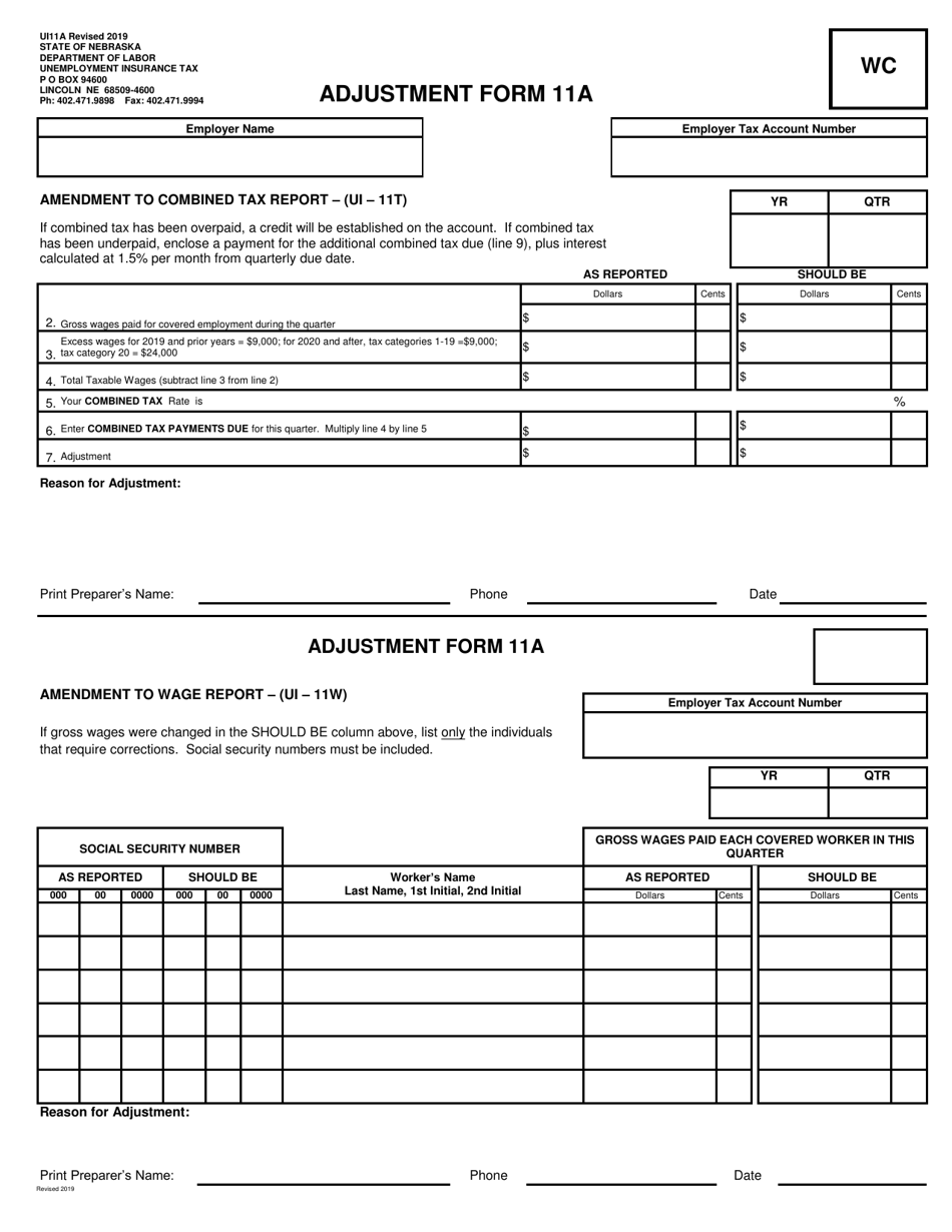 Form UI11A Adjustment Form - Nebraska, Page 1