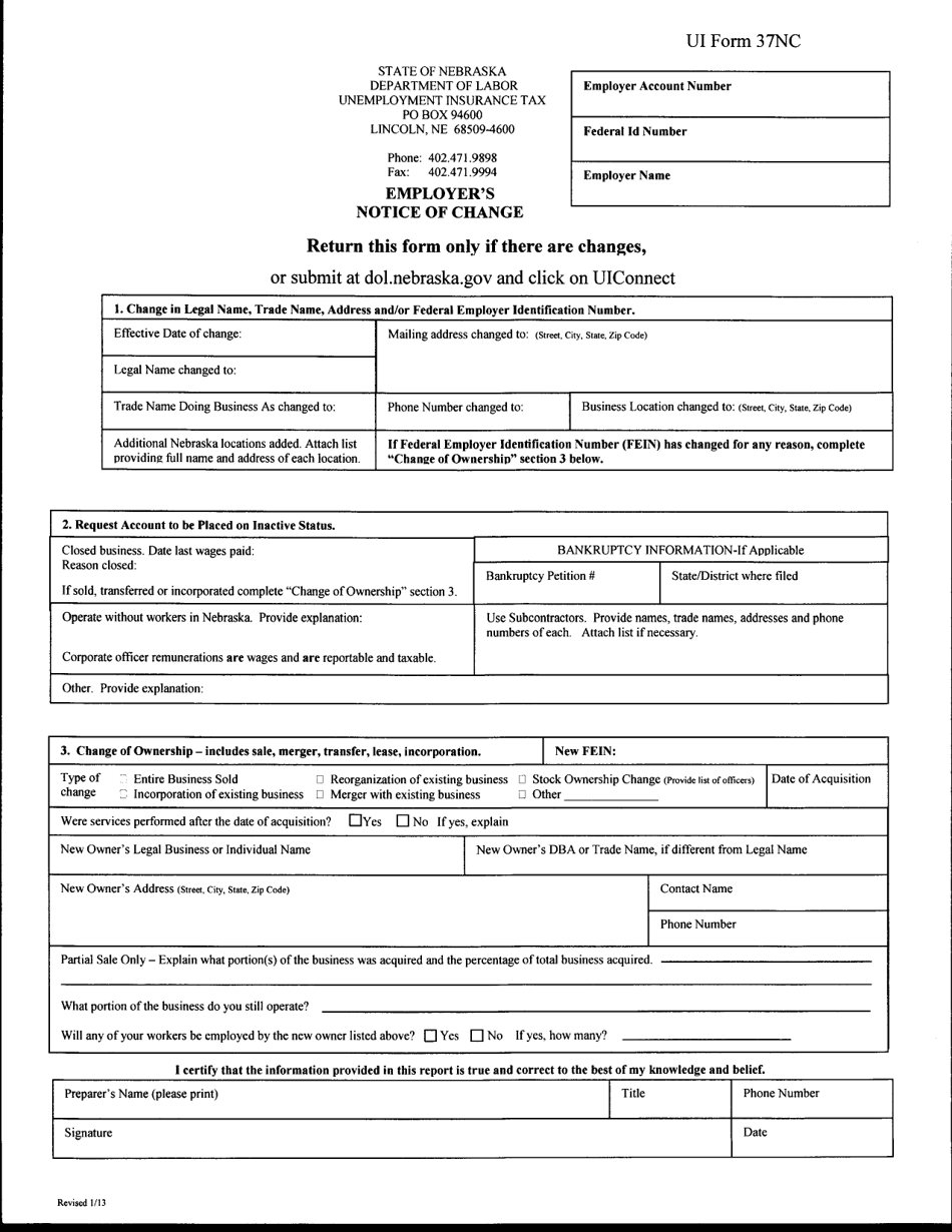UI Form 37NC Employers Notice of Change - Nebraska, Page 1