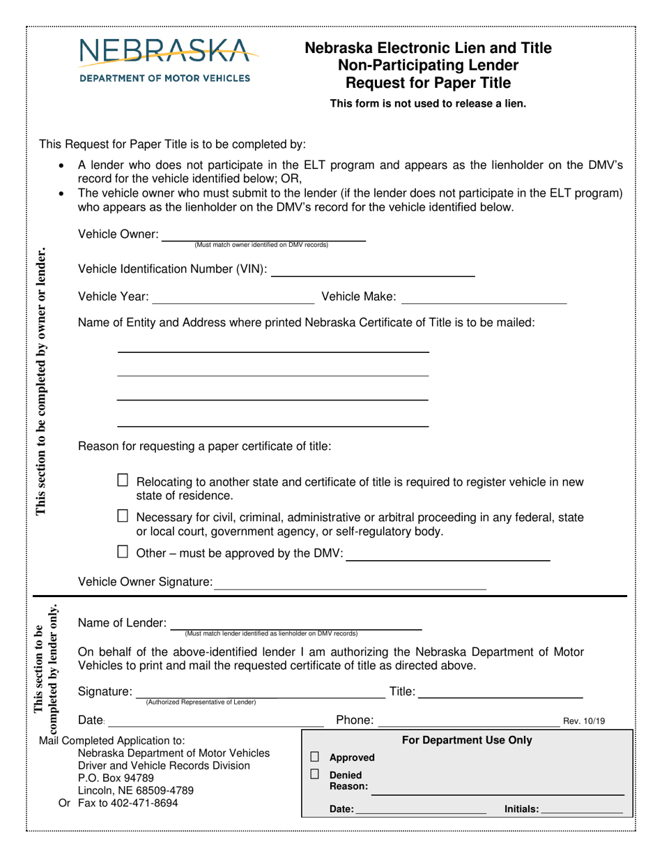 Nebraska Electronic Lien and Title Non-participating Lender Request for Paper Title - Nebraska, Page 1