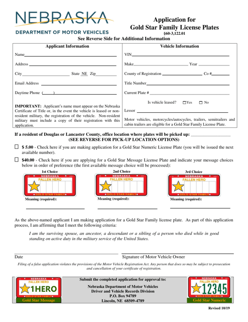 Application for Gold Star Family License Plates - Nebraska Download Pdf