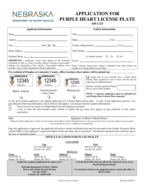 Application for Purple Heart License Plate - Nebraska Download Pdf