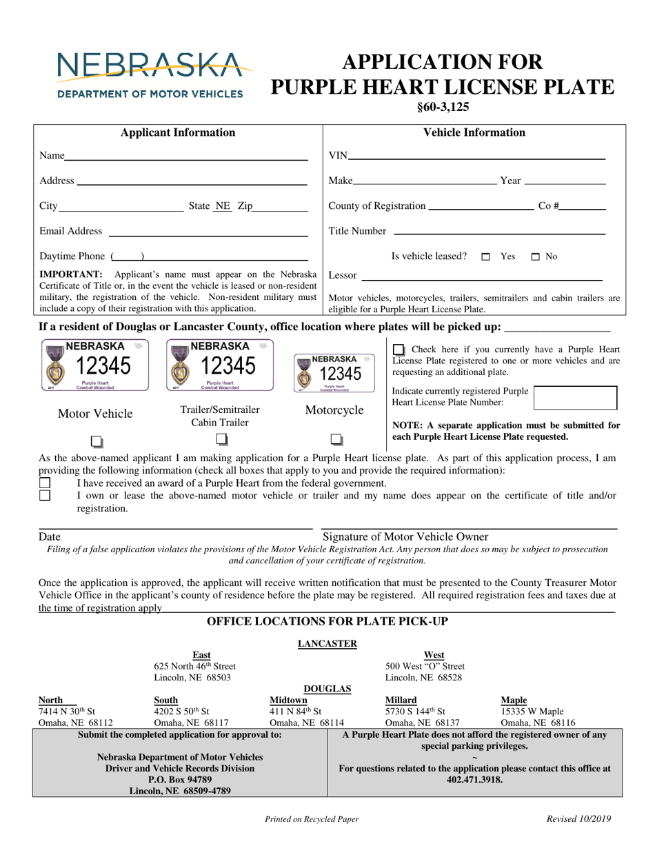 Nebraska Application for Purple Heart License Plate Download Printable PDF Templateroller