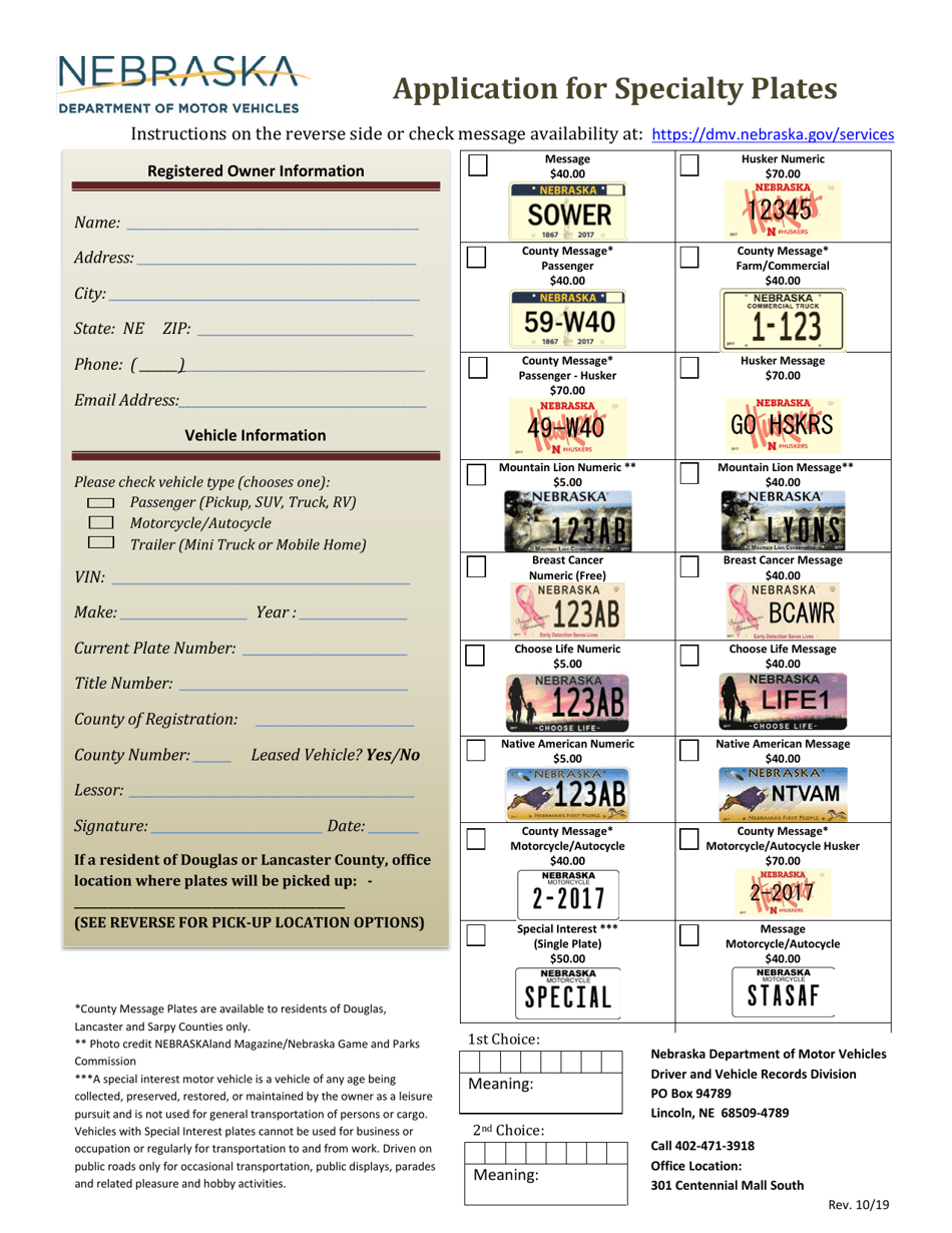 Application for Specialty Plates - Nebraska, Page 1