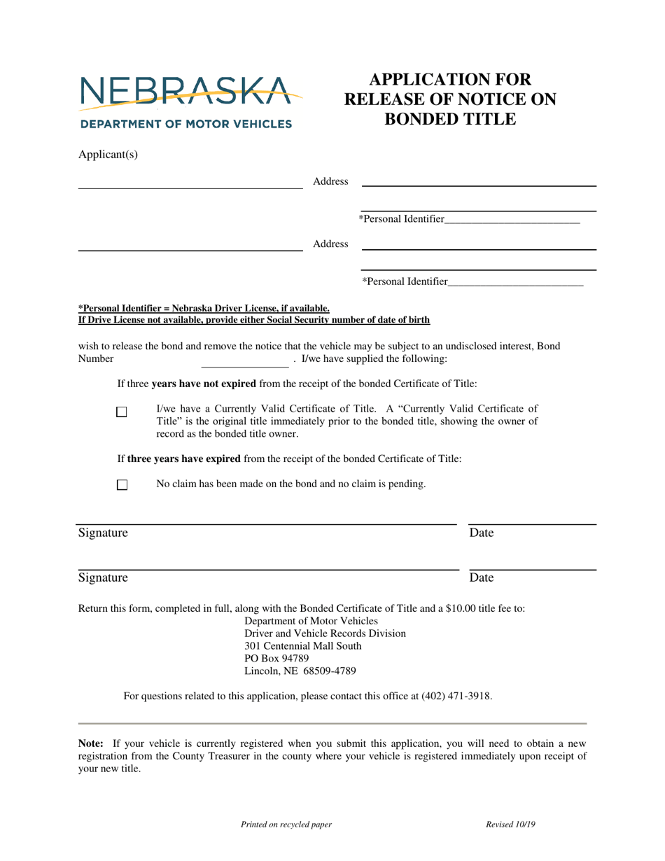 Application for Release of Notice on Bonded Title - Nebraska, Page 1