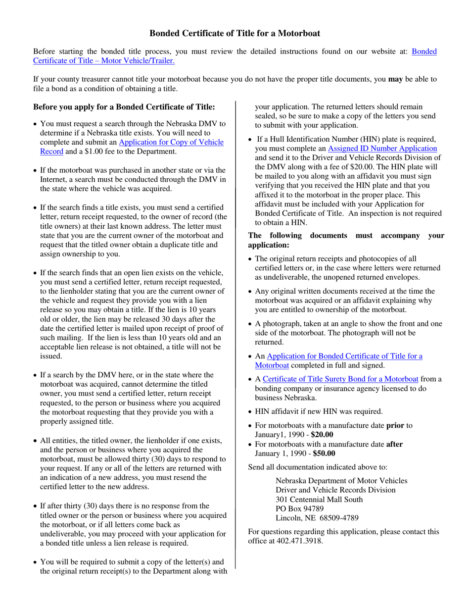 Nebraska Application for Bonded Certificate of Title for a Motorboat