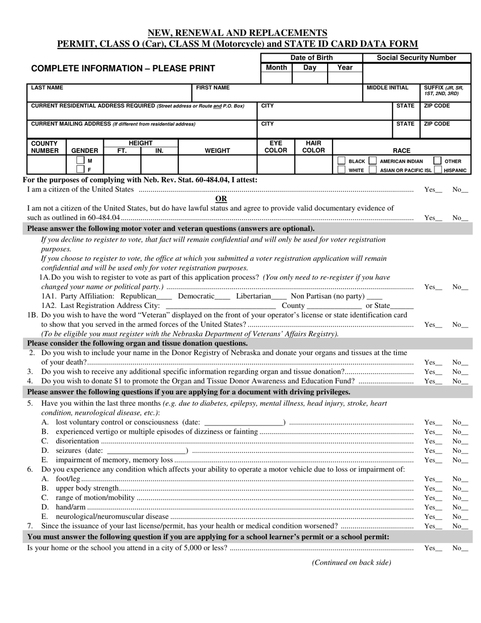Form DMV06-104 New, Renewal and Replacements Permit, Class O (Car), Class M (Motorcycle) and State Id Card Data Form - Nebraska, Page 1