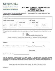 Document preview: Affidavit for Lost, Destroyed or Stolen Plate - Nebraska