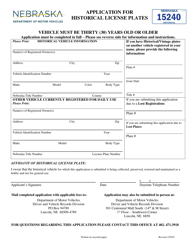 Document preview: Application for Historical License Plates - Nebraska