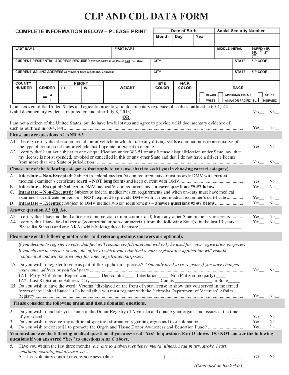 Form DMV06-105 Clp and Cdl Data Form - Nebraska, Page 1